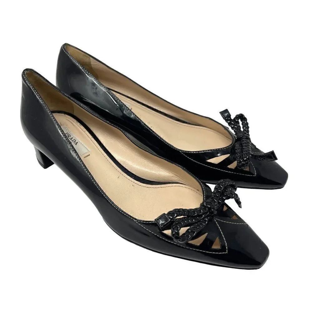 Prada black Patent leather kitten heels slip on bow cap toe EU 36.5 Italy BoxA